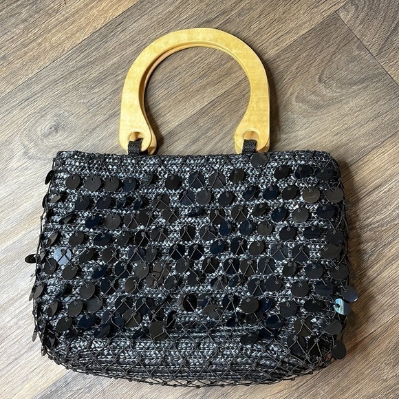 Black Big Sequence  & Wood Handles Bag - Picture 1 of 4